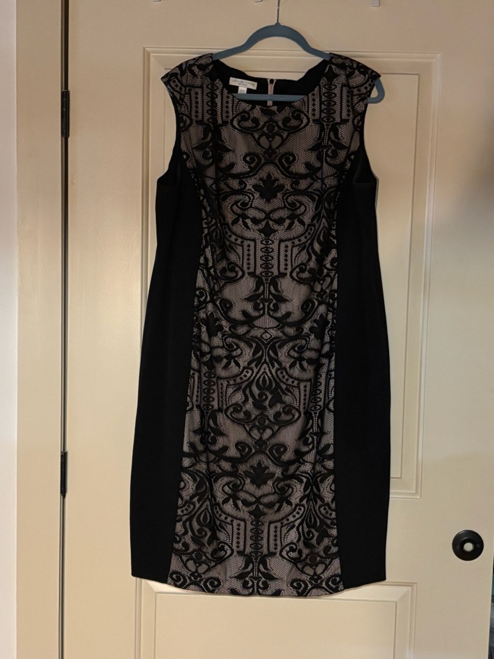 London Times Black & Nude Lace-Print Ponte Sheath Dress